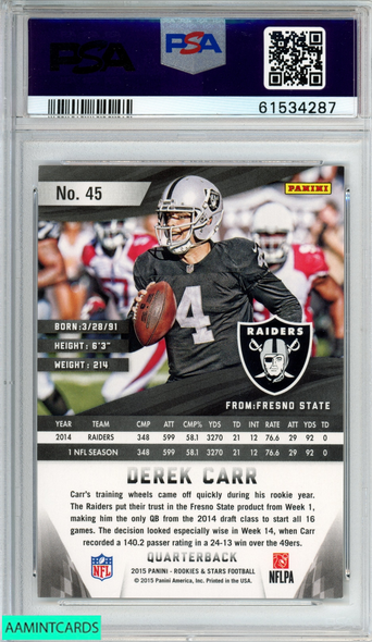 2015 PANINI ROOKIES AND STARS DEREK CARR 45 RETAIL GOLD 13 OF 25 PSA 9 MINT POP1 61534287