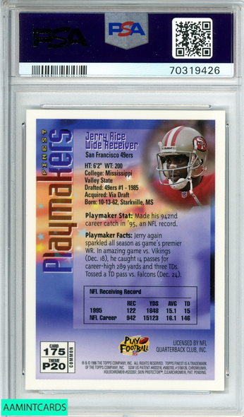 1996 FINEST JERRY RICE #175 WITH COATING SAN FRANCISCO 49ERS HOF PSA 10 GEM MT 70319426