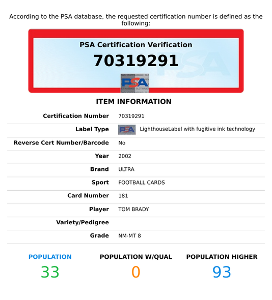 2002 ULTRA TOM BRADY #181 NEW ENGLAND PATRIOTS PSA 8 NM-MT 70319291