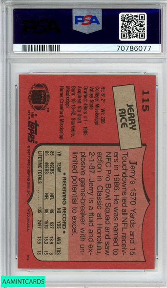 1987 TOPPS JERRY RICE #115 SAN FRANCISCO 49ERS HOF PSA 8 NM-MT 70786077