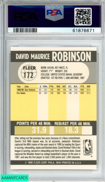 1990 FLEER DAVID ROBINSON #172 SAN ANTONIO SPURS HOF PSA 9 MINT 61876671