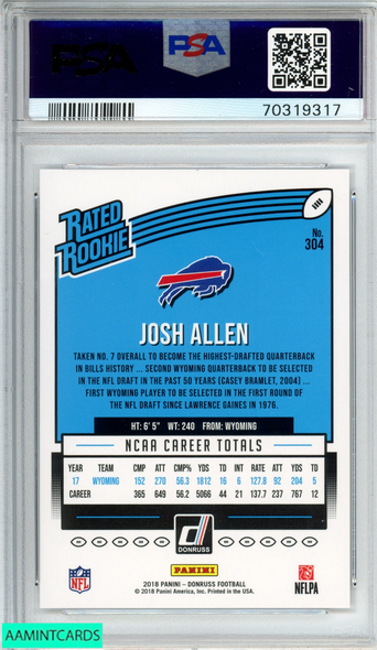 2018 PANINI DONRUSS JOSH ALLEN #304 ROOKIE RC BUFFALO BILLS PSA 9 MINT 70319317