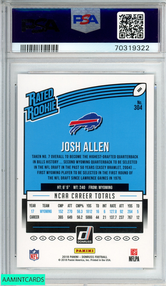 2018 PANINI DONRUSS JOSH ALLEN #304 ROOKIE RC BUFFALO BILLS PSA 9 MINT 70319322