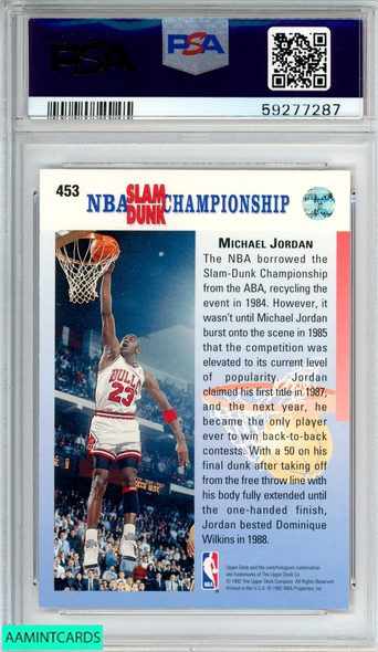 1992 UPPER DECK MICHAEL JORDAN #453 CORRECT CHAMP IN 87 88 BULLS HOF PSA 9 MINT 59277287