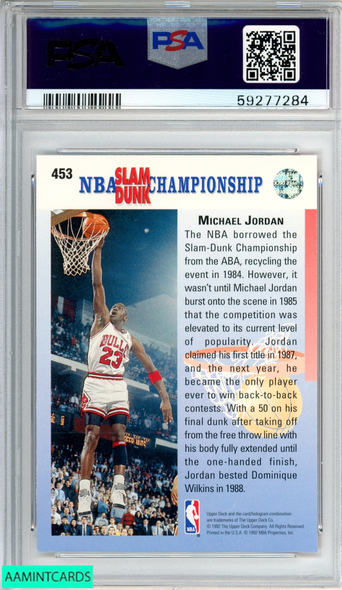 1992 UPPER DECK MICHAEL JORDAN #453 CORRECT CHAMP IN 87 88 BULLS HOF PSA 9 MINT 59277284