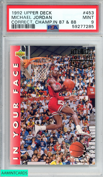 1992 UPPER DECK MICHAEL JORDAN #453 CORRECT CHAMP IN 87 88 BULLS HOF PSA 9 MINT 59277285