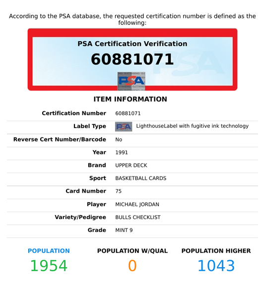 1991 UPPER DECK MICHAEL JORDAN #75 BULLS CHECKLIST CHICAGO BULLS HOF PSA 9 MINT 60881071