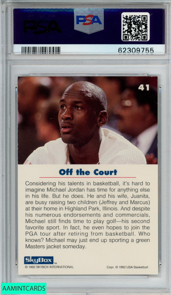 1992 SKYBOX USA BASKETBALL MICHAEL JORDAN #41 CHICAGO BULLS HOF PSA 9 MINT 62309755