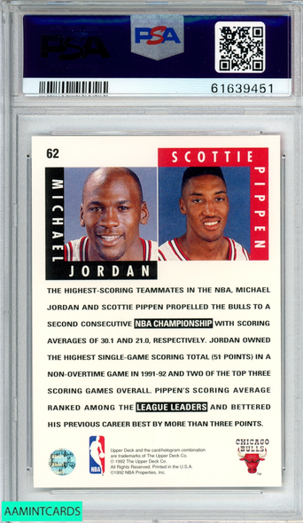 1992 UPPER DECK MICHAEL JORDAN SCOTTIE PIPPEN #62 CHICAGO BULLS HOF PSA 9 MINT 61639451