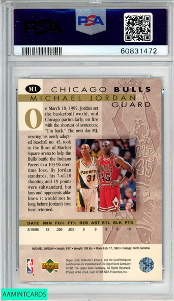 1995 COLLECTORS CHOICE JORDAN HES BACK MICHAEL JORDAN #M1 BULLS HOF PSA 9 MINT 60831472