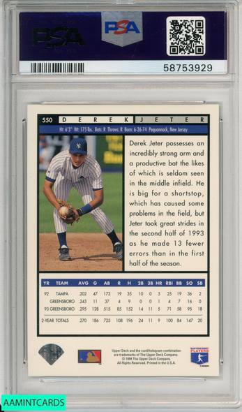 1994 UPPER DECK DEREK JETER #550 NEW YORK YANKEES HOF PSA 9 MINT 58753929