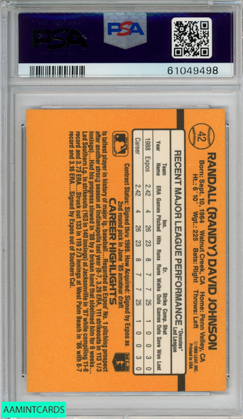 1989 DONRUSS RANDY JOHNSON #42 RATED ROOKIE RC MONTREAL EXPOS HOF PSA 9 MINT 61049498