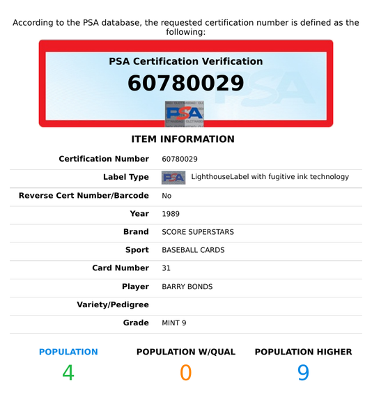 1989 SCORE SUPERSTARS BARRY BONDS #31 PITTSBURGH PIRATES PSA 9 MINT 60780029