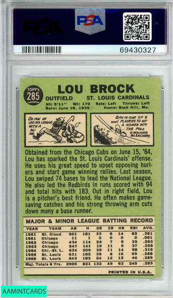 1967 TOPPS LOU BROCK #285 ST LOUIS CARDINALS HOF PSA 3 VG 69430327