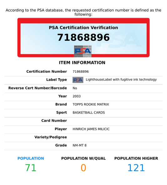 2003 TOPPS ROOKIE MATRIX KIRK HINRICH LEBRON JAMES DARKO MILICIC RC PSA 8 NM-MT 71868896