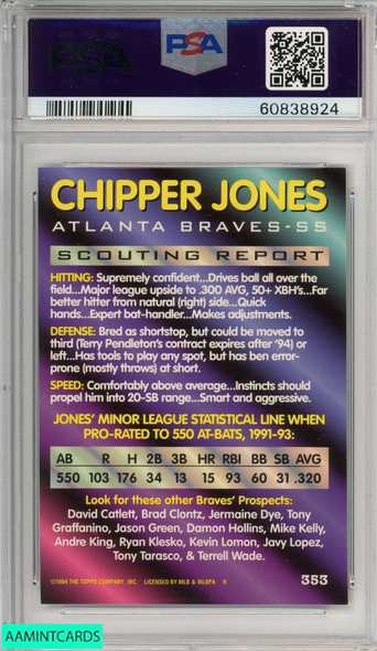 1994 BOWMAN CHIPPER JONES #353 FOIL ATLANTA BRAVES HOF PSA 8 NM-MT 60838924