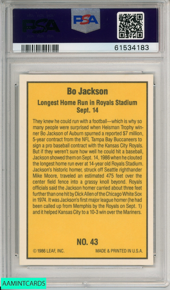 1986 DONRUSS HIGHLIGHTS BO JACKSON #43 KANSAS CITY ROYALS ROOKIE RC PSA 8 NM-MT 61534183