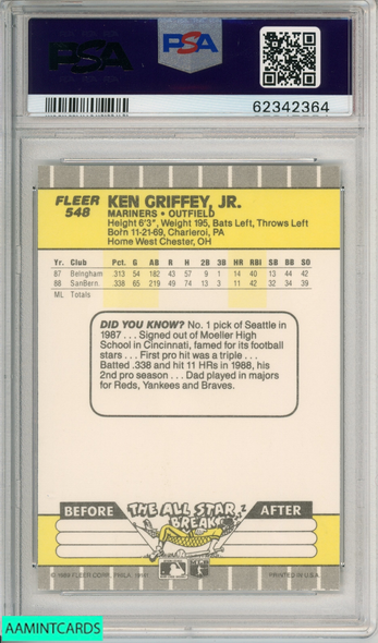 1989 FLEER KEN GRIFFEY JR #548 SEATTLE MARINERS HOF ROOKIE RC PSA 8 NM-MT 62342364