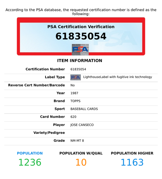 1987 TOPPS JOSE CANSECO #620 ALL STAR ROOKIE CUP OAKLAND ATHLETICS PSA 8 NM-MT 61835054