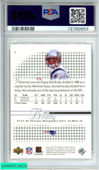 2002 SP AUTHENTIC TOM BRADY #1 NEW ENGLAND PATRIOTS PSA 10 GEM MT 72760953