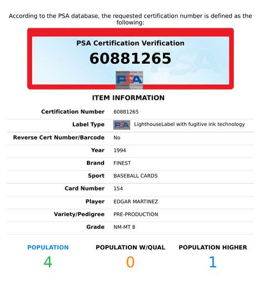 1994 FINEST PRE-PRODUCTION EDGAR MARTINEZ #154 SEATTLE MARINERS HOF PSA 8 NM-MT 60881265