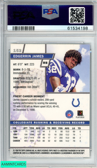 1999 FINEST EDGERRIN JAMES #152 W COATING ROOKIE RC COLTS PSA 8 NM-MT 61534198