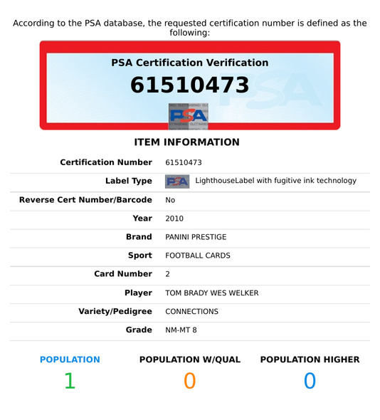 2010 PANINI PRESTIGE CONNECTIONS TOM BRADY WES WELKER #2 PATRIOTS PSA 8 NM-MT 61510473