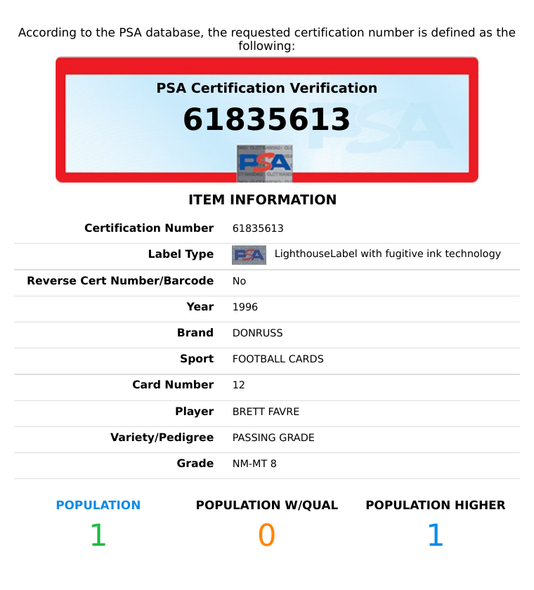 1996 DONRUSS PASSING GRADE BRETT FAVRE #12 834 OF 3000 PACKERS HOF PSA 8 NM-MT 61835613