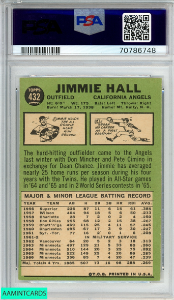 1967 TOPPS JIMMIE HALL #432 CALIFORNIA ANGELS PSA 6 EX-MT 70786748