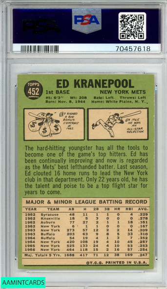 1967 TOPPS ED KRANEPOOL #452 NEW YORK METS PSA 4 VG-EX 70457618