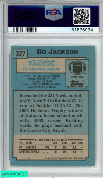  1988 Topps Bo Jackson Rookie #327 Raiders PSA 9