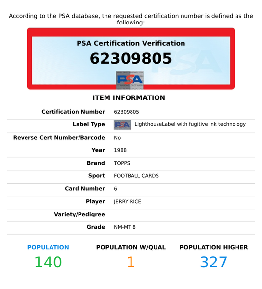 1988 TOPPS JERRY RICE #6 SAN FRANCISCO 49ERS HOF PSA 8 NM-MT 62309805