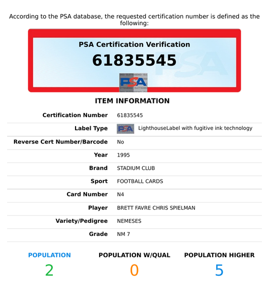 1995 STADIUM CLUB NEMESES BRETT FAVRE CHRIS SPIELMAN #N4 HOF PSA 7 NM 61835545
