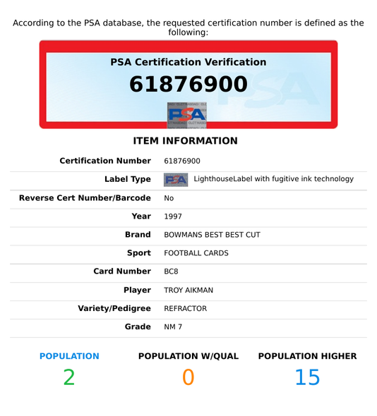 1997 BOWMANS BEST BEST CUT TROY AIKMAN #BC8 REFRACTOR COWBOYS HOF PSA 7 NM 61876900