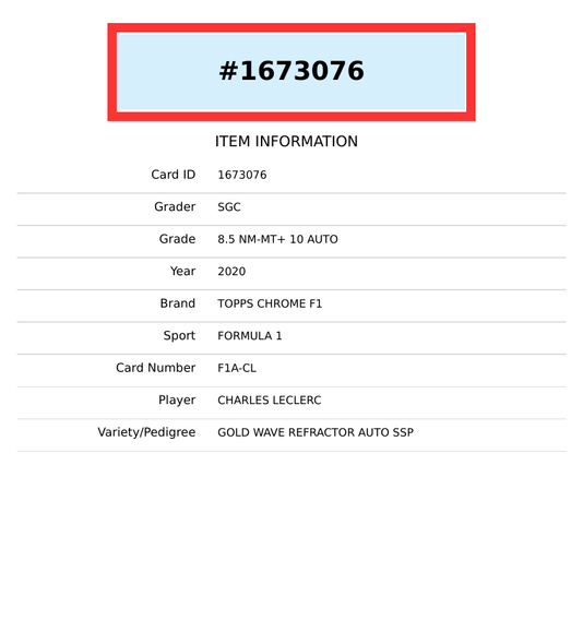2020 TOPPS CHROME F1 CHARLES LECLERC#F1A-CL GOLD WAVE REF AUTO 39 OF 50 SGC 8.5 1673076