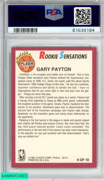 1991 FLEER ROOKIE SENSATIONS GARY PAYTON #9 SEATTLE SUPERSONICS HOF PSA 8 NM-MT 61639164