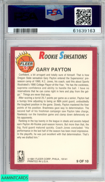 1991 FLEER ROOKIE SENSATIONS GARY PAYTON #9 SEATTLE SUPERSONICS HOF PSA 8 NM-MT 61639163