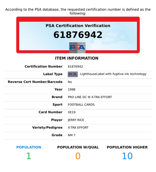 1998 PRO LINE DC III X-TRA EFFORT JERRY RICE #XE19 49ERS HOF PSA 7 NM 61876942