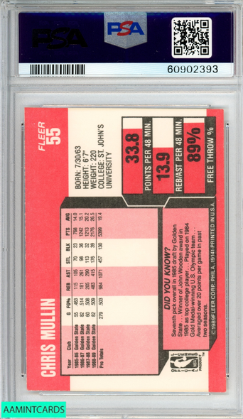 1989 FLEER CHRIS MULLIN #55 GOLDEN STATE WARRIORS HOF PSA 8 NM-MT 60902393