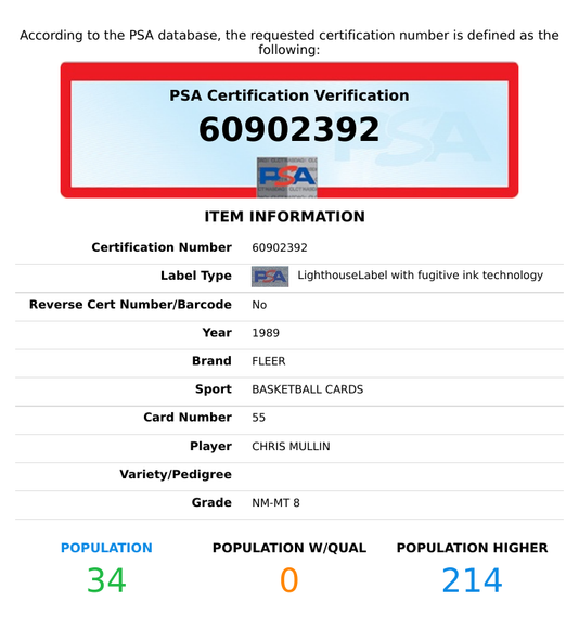 1989 FLEER CHRIS MULLIN #55 GOLDEN STATE WARRIORS HOF PSA 8 NM-MT 60902392