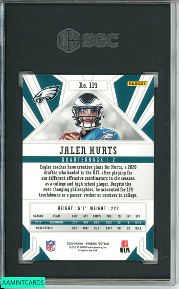 2020 PANINI PHOENIX JALEN HURTS #114 FIRE BURST ROOKIE RC SGC 10 GEM MINT 6324596