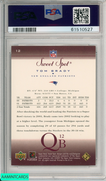 2002 UPPER DECK SWEET SPOT TOM BRADY #12 NEW ENGLAND PATRIOTS PSA 8 NM-MT 61510527