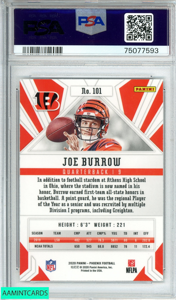 2020 PANINI PHOENIX JOE BURROW #101 FIRE BURST ROOKIE RC PSA 10 GEM MT 75077593