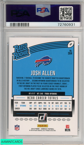 2018 PANINI DONRUSS JOSH ALLEN #304 RATED ROOKIE RC BUFFALO BILLS PSA 9 MINT 72760931