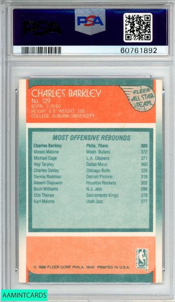 1988 FLEER CHARLES BARKLEY #129 ALL-STAR PHILADELPHIA 76ERS HOF PSA 7 NM 60761892