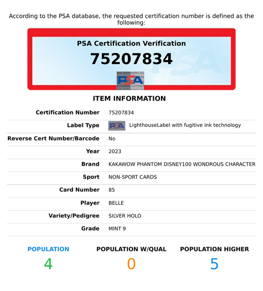 2023 KAKAWOW DISNEY100 WONDROUS CHARACTER BELLE #85 SILVER HOLO PSA 9 MINT 75207834
