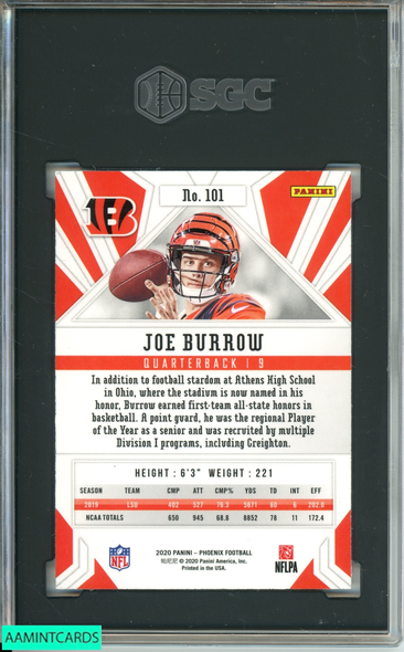 2020 PANINI PHOENIX JOE BURROW #101 FIRE BURST ROOKIE RC SGC 10 GEM MINT 2483284