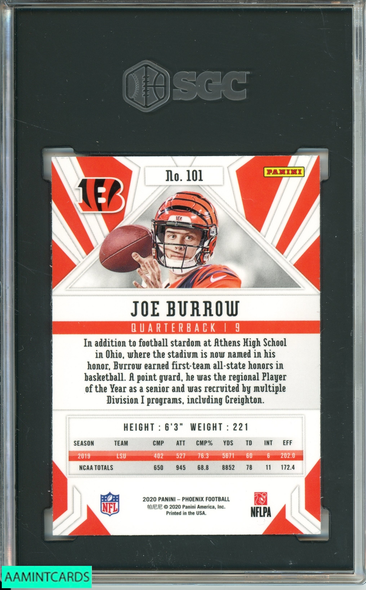 2020 PANINI PHOENIX JOE BURROW #101 FIRE BURST ROOKIE RC SGC 10 GEM MINT 2127113