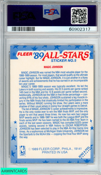 1989 FLEER STICKER MAGIC JOHNSON #5 LOS ANGELES LAKERS HOF PSA 7 NM 60902317