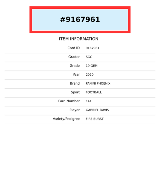 2020 PANINI PHOENIX GABRIEL DAVIS #141 FIRE BURST ROOKIE RC SGC 10 GM 9167961